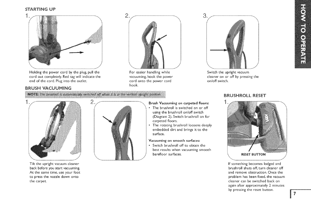 Vax X5 owner manual Starting UP, Brush Vacuumwng, Brushroll Reset 