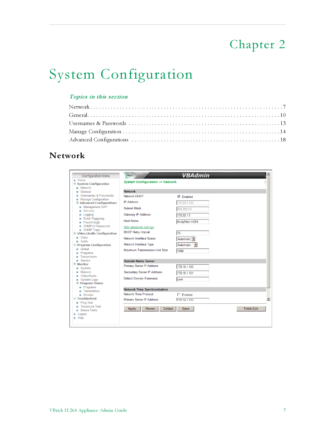 VBrick Systems 7000 manual System Configuration, Network 