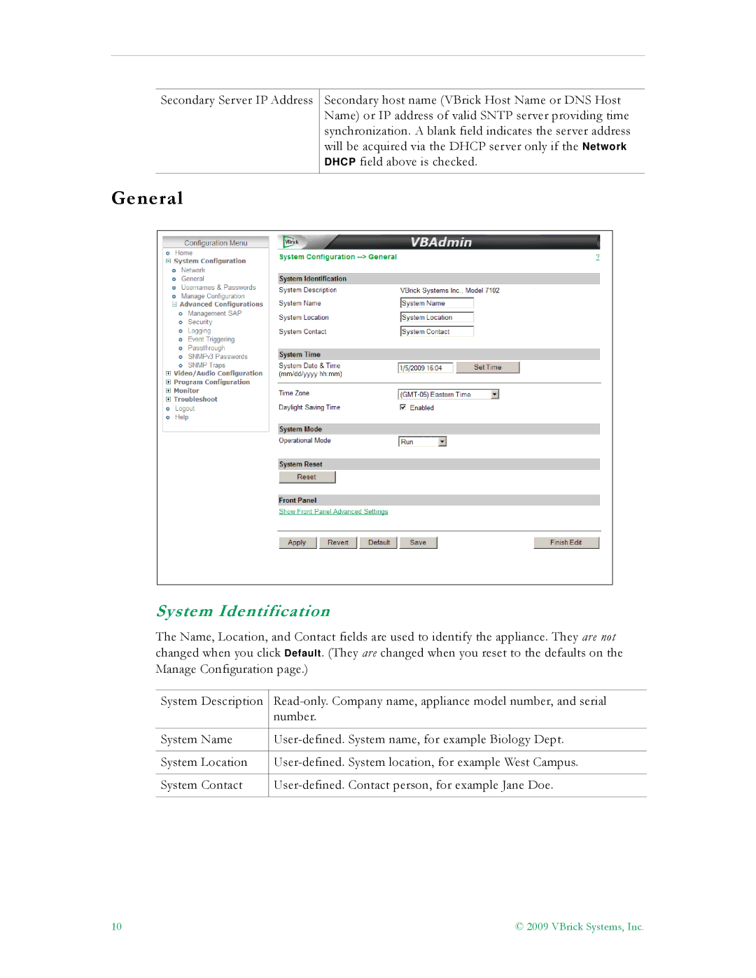 VBrick Systems 7000 manual General, System Identification 