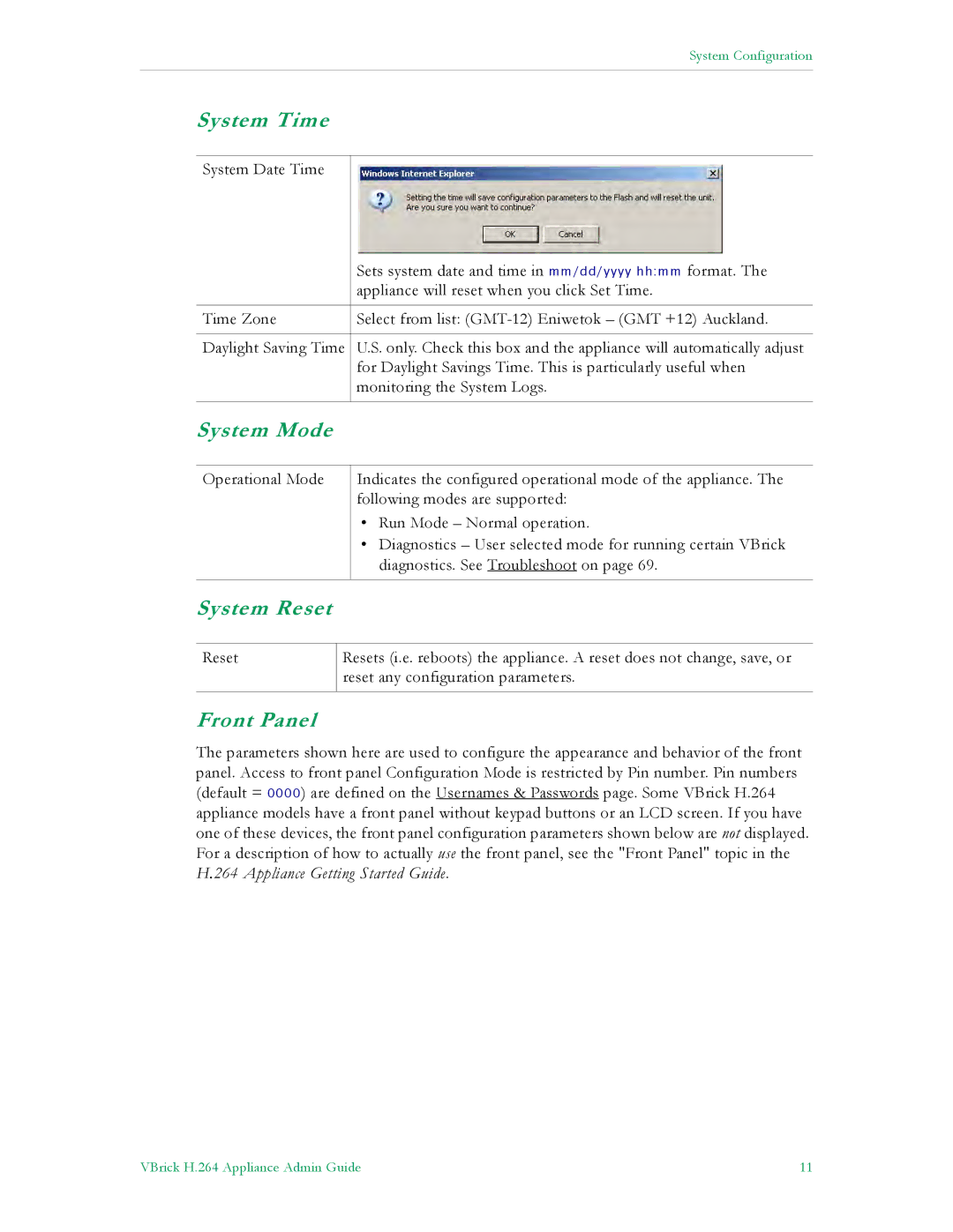 VBrick Systems 7000 manual System Time, System Mode, System Reset, Front Panel 