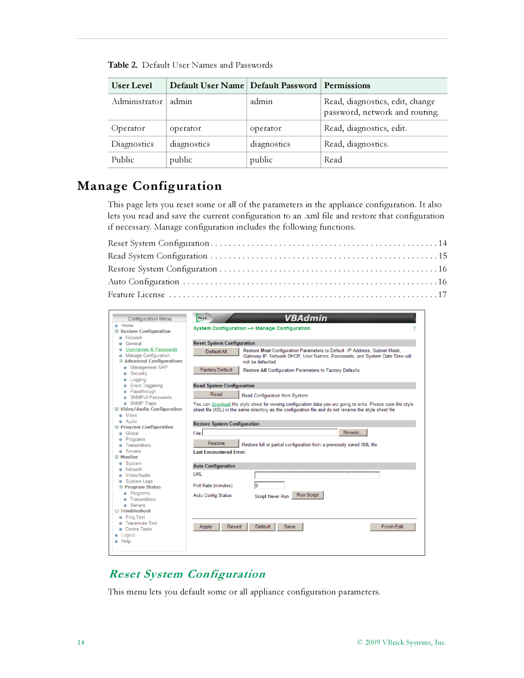 VBrick Systems 7000 manual Manage Configuration, Reset System Configuration 