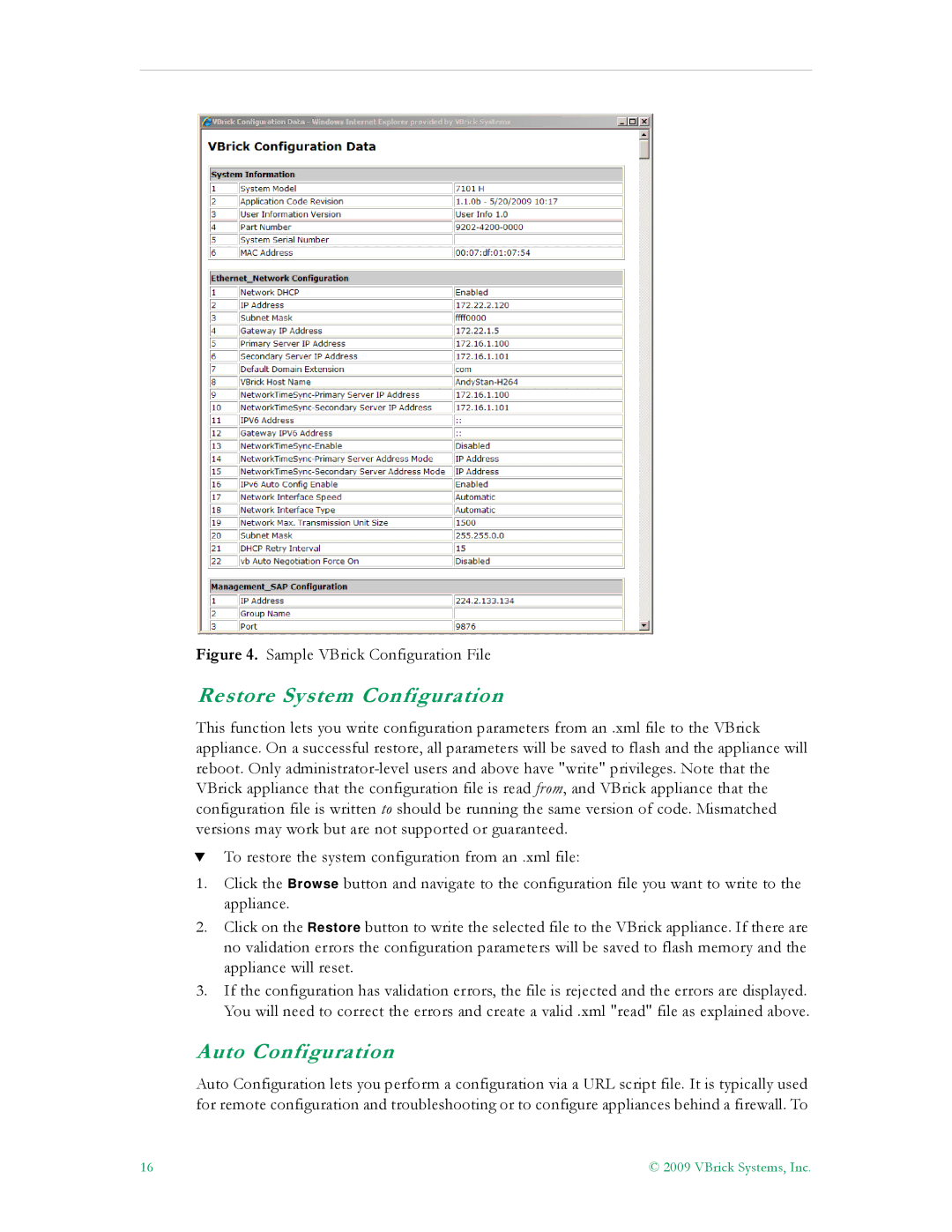 VBrick Systems 7000 manual Restore System Configuration, Auto Configuration 