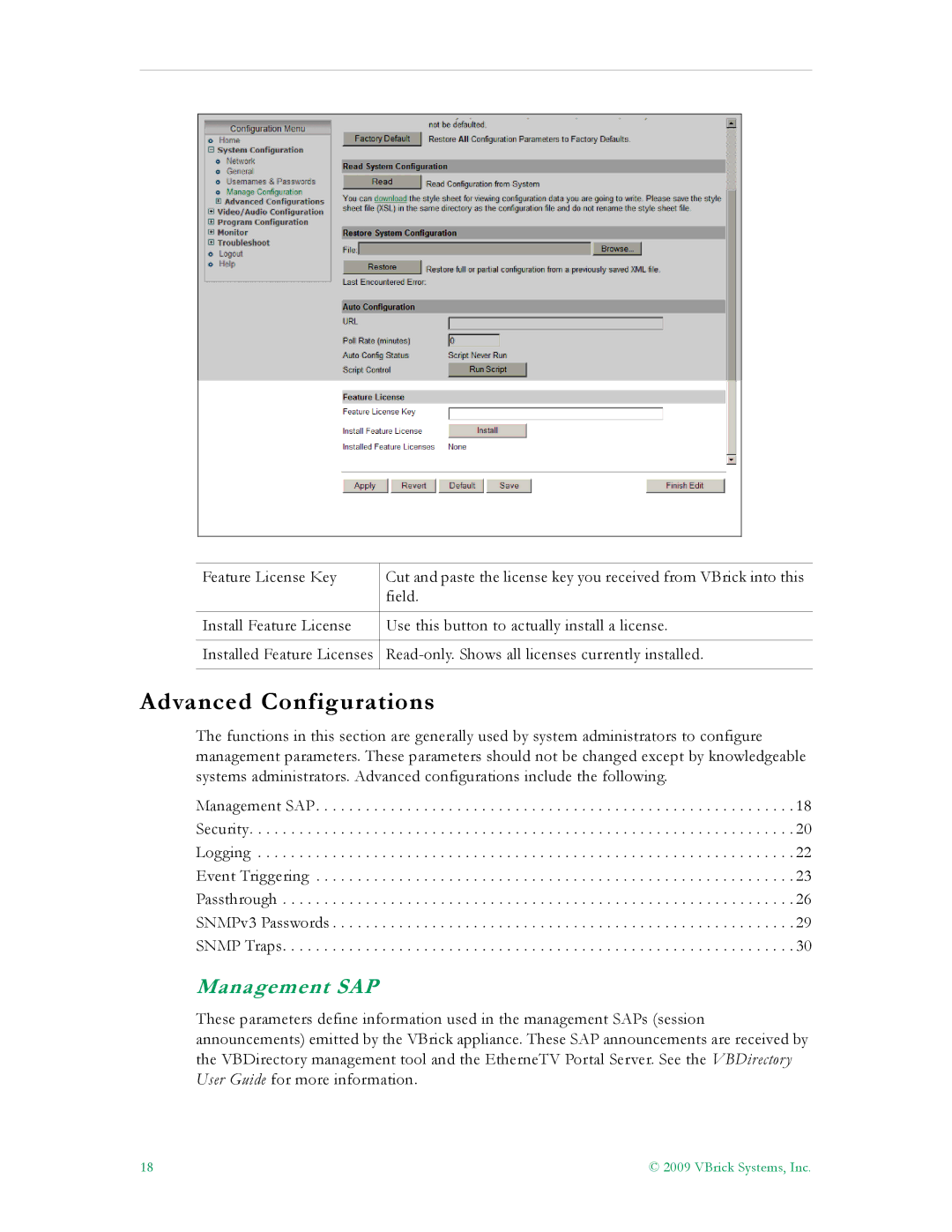 VBrick Systems 7000 manual Advanced Configurations, Management SAP 