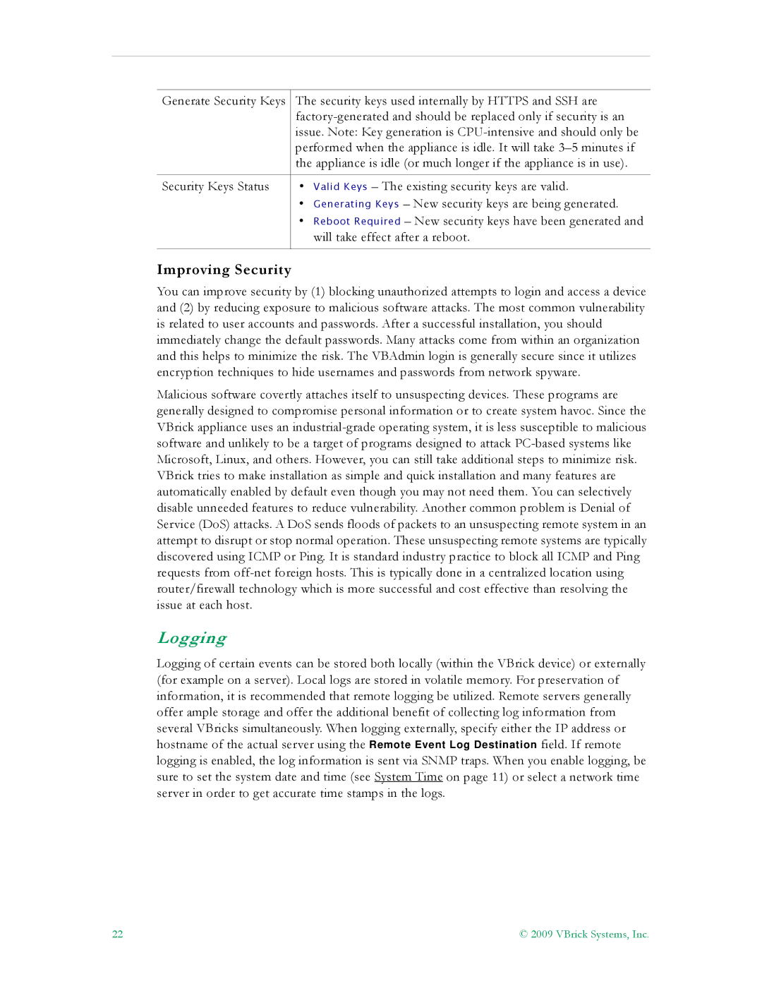 VBrick Systems 7000 manual Logging, Improving Security 