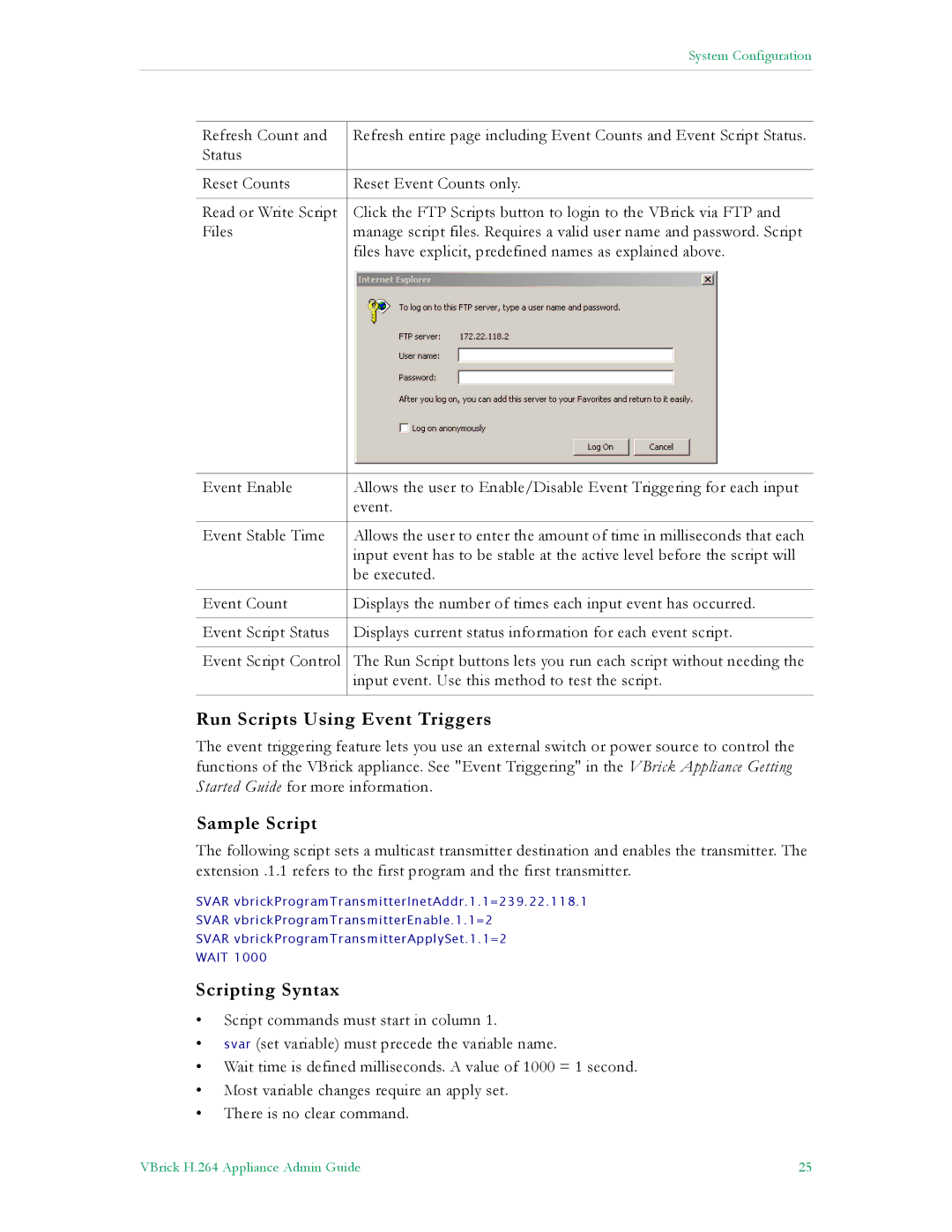 VBrick Systems 7000 manual Run Scripts Using Event Triggers, Scripting Syntax 