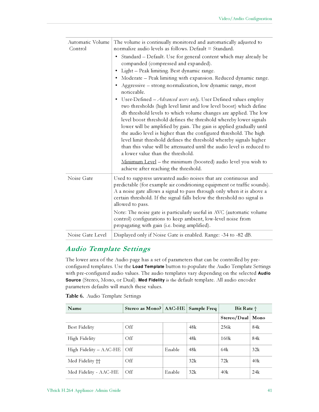 VBrick Systems 7000 manual Audio Template Settings, Aac-He 