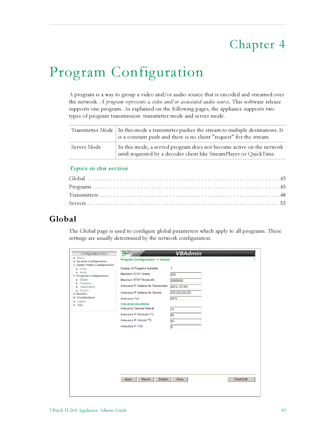 VBrick Systems 7000 manual Program Configuration, Global 