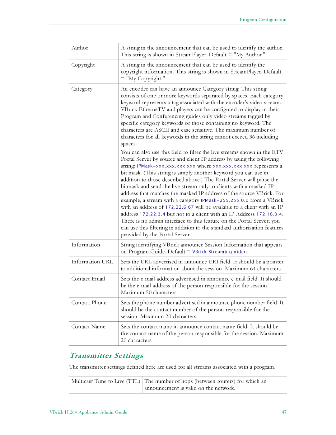 VBrick Systems 7000 manual Transmitter Settings 