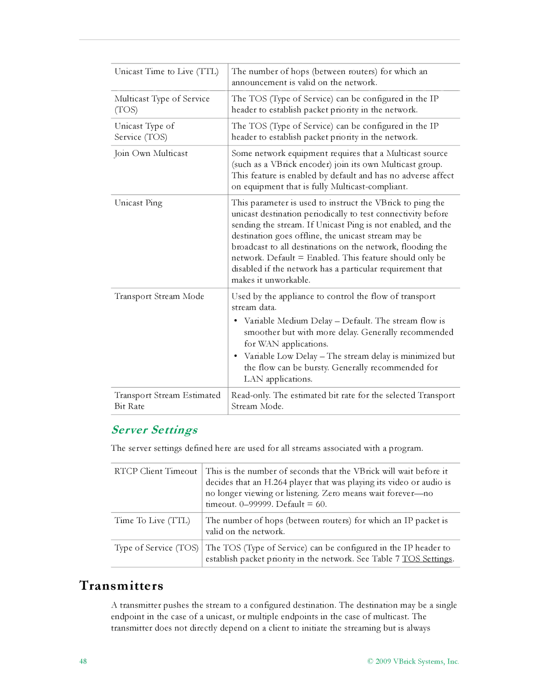 VBrick Systems 7000 manual Transmitters, Server Settings 