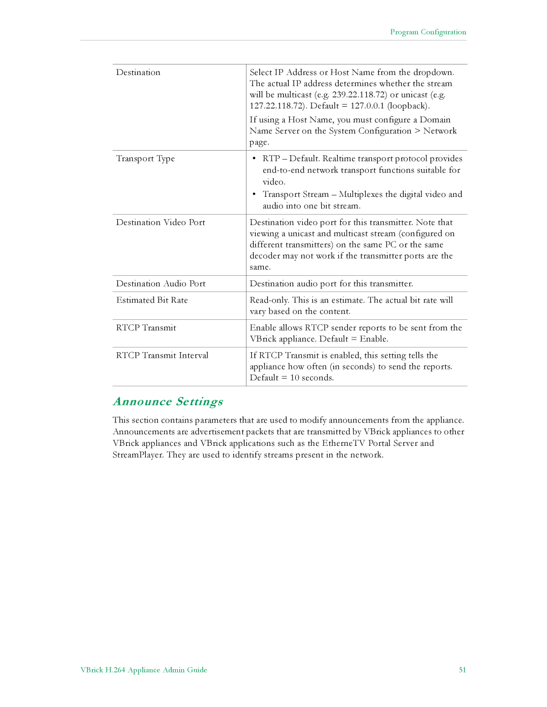 VBrick Systems 7000 manual Announce Settings 