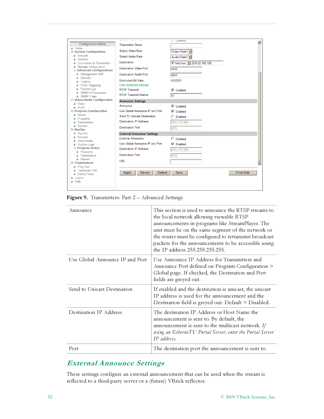 VBrick Systems 7000 manual External Announce Settings 