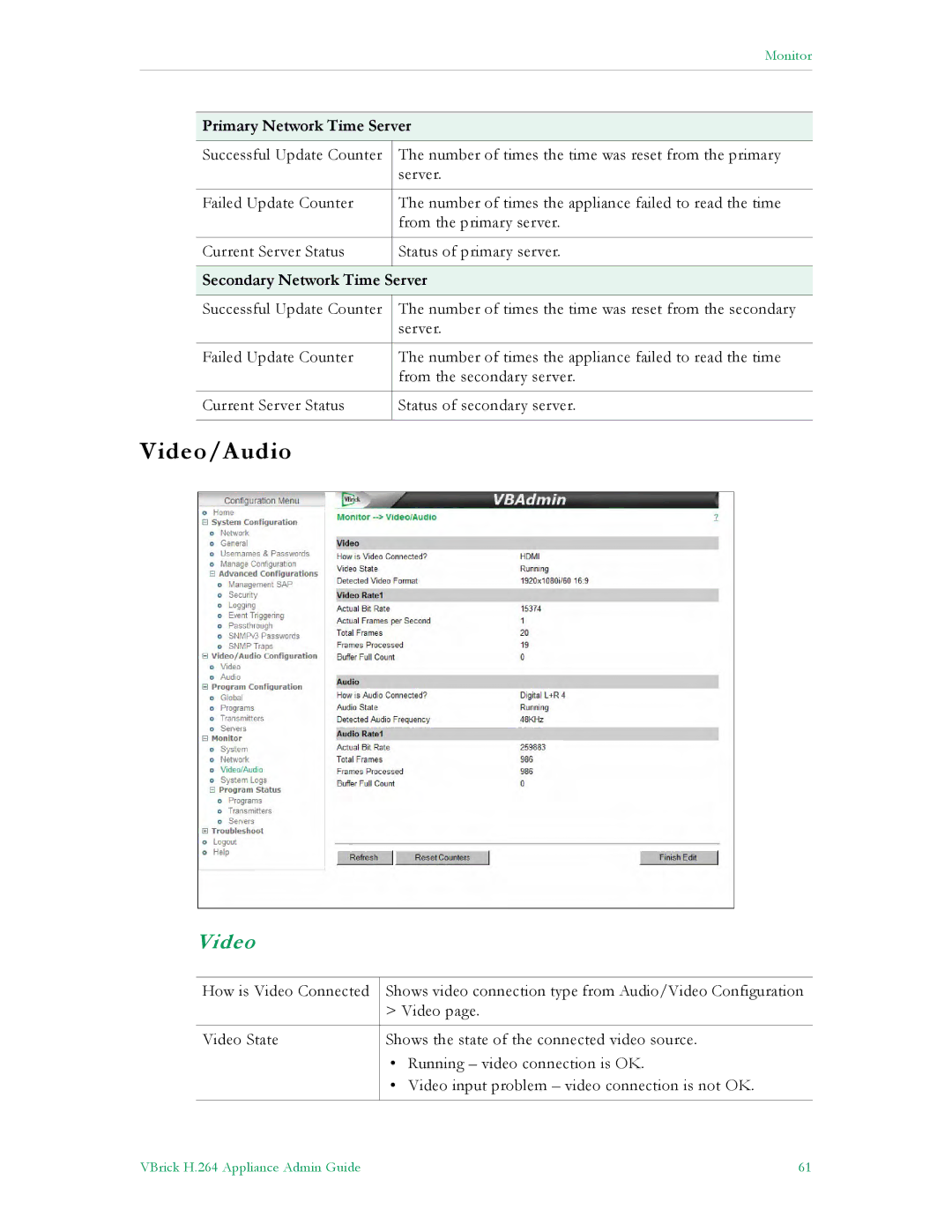 VBrick Systems 7000 manual Video/Audio 