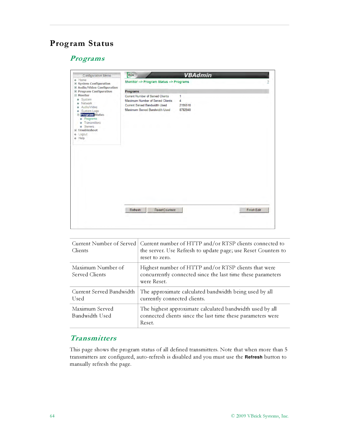 VBrick Systems 7000 manual Program Status, Programs, Transmitters 