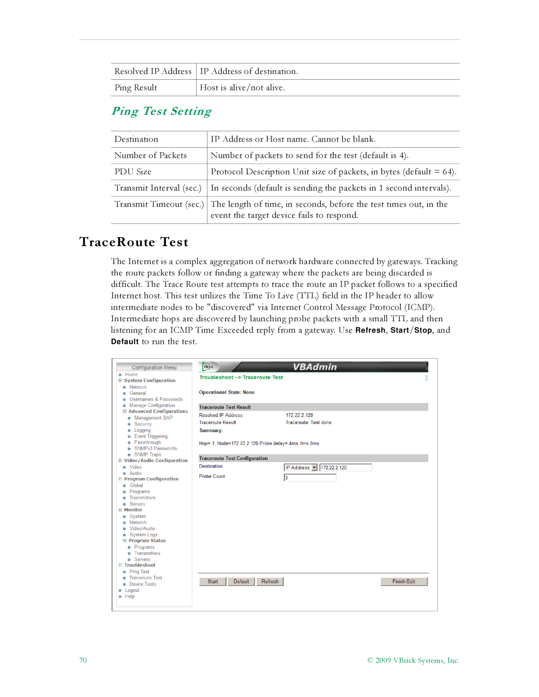 VBrick Systems 7000 manual TraceRoute Test, Ping Test Setting 