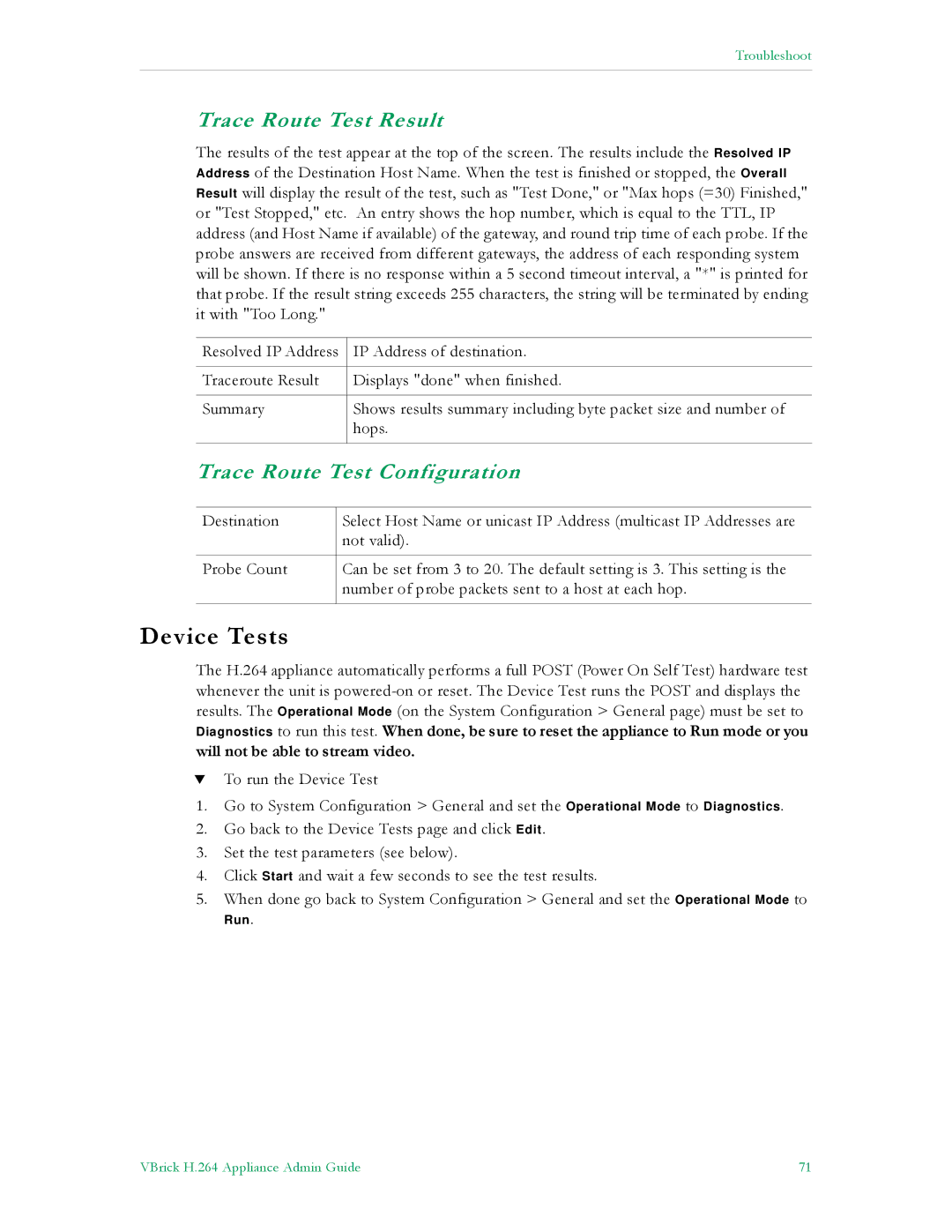 VBrick Systems 7000 manual Device Tests, Trace Route Test Result, Trace Route Test Configuration 