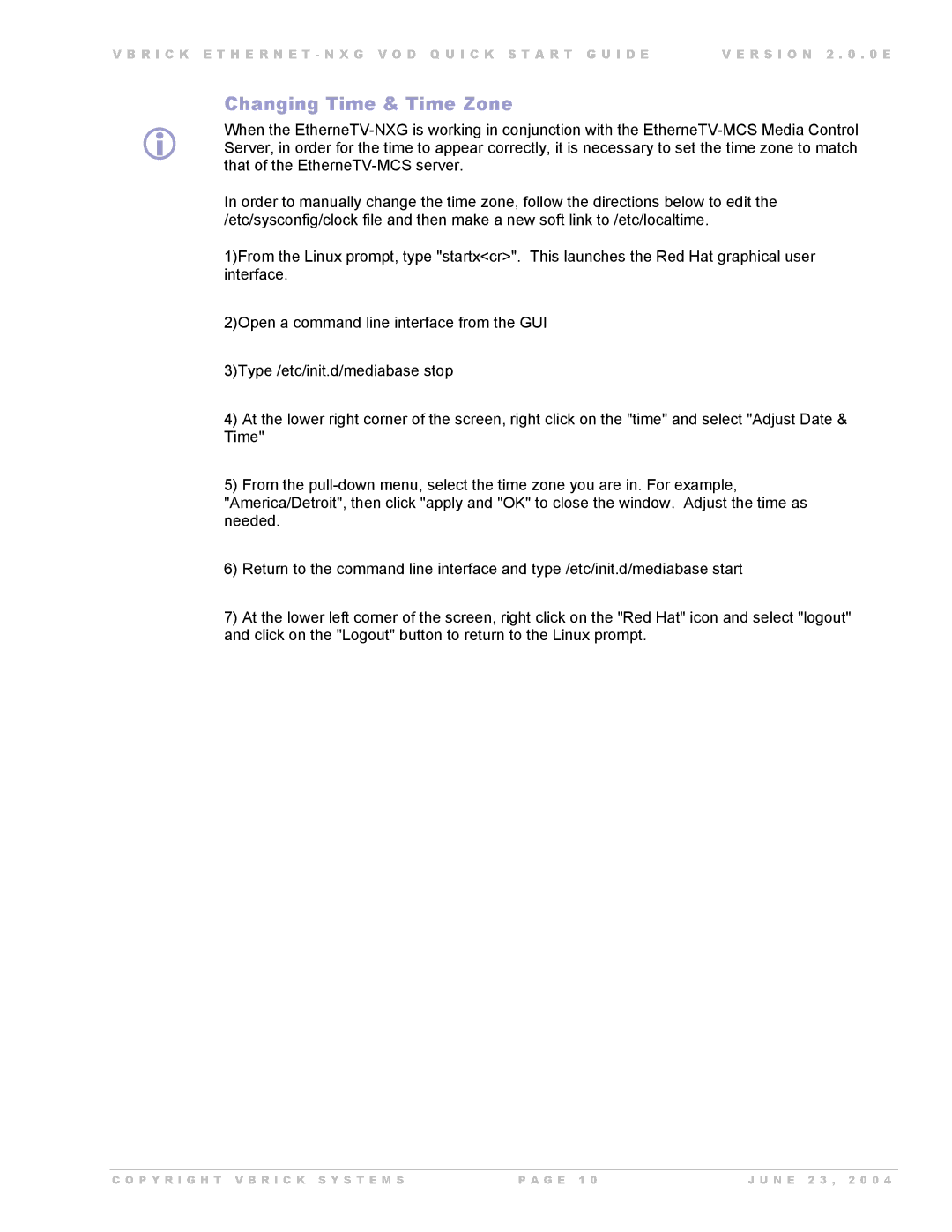 VBrick Systems EtherneTV-NXG 1, EtherneTV-NXG 2 manual Changing Time & Time Zone 
