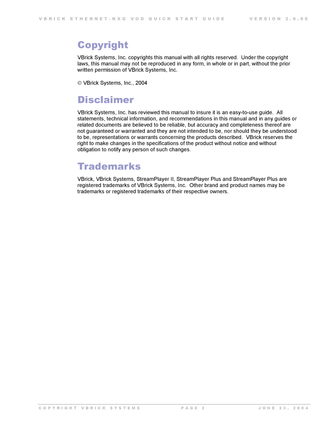 VBrick Systems EtherneTV-NXG 1, EtherneTV-NXG 2 manual Copyright, Disclaimer, Trademarks 