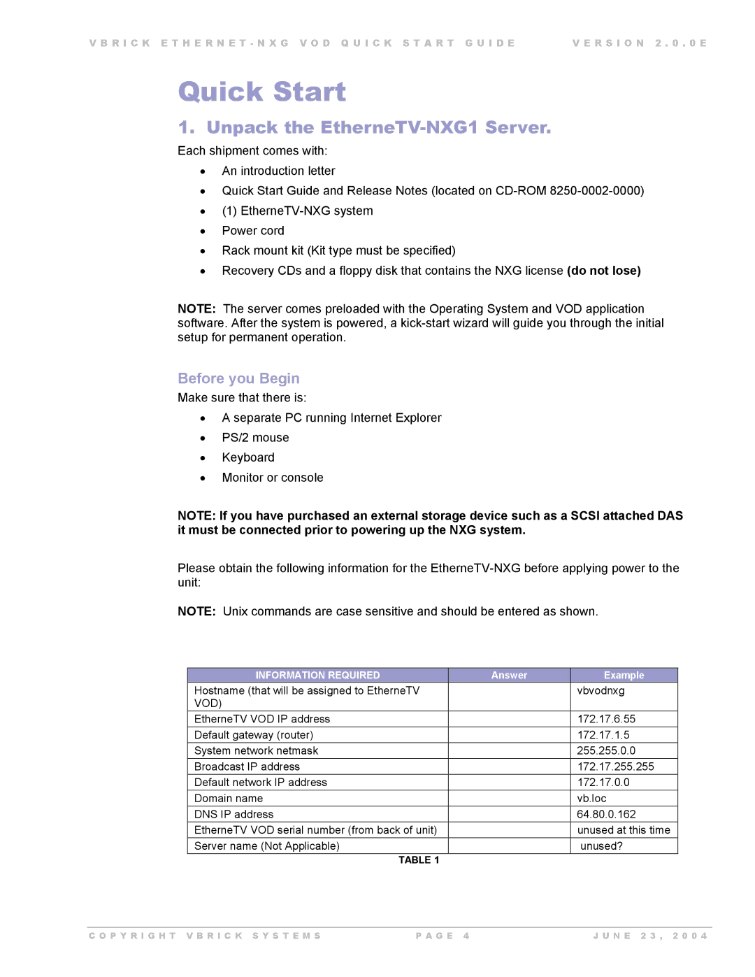 VBrick Systems EtherneTV-NXG 1, EtherneTV-NXG 2 manual Quick Start, Unpack the EtherneTV-NXG1 Server, Before you Begin 