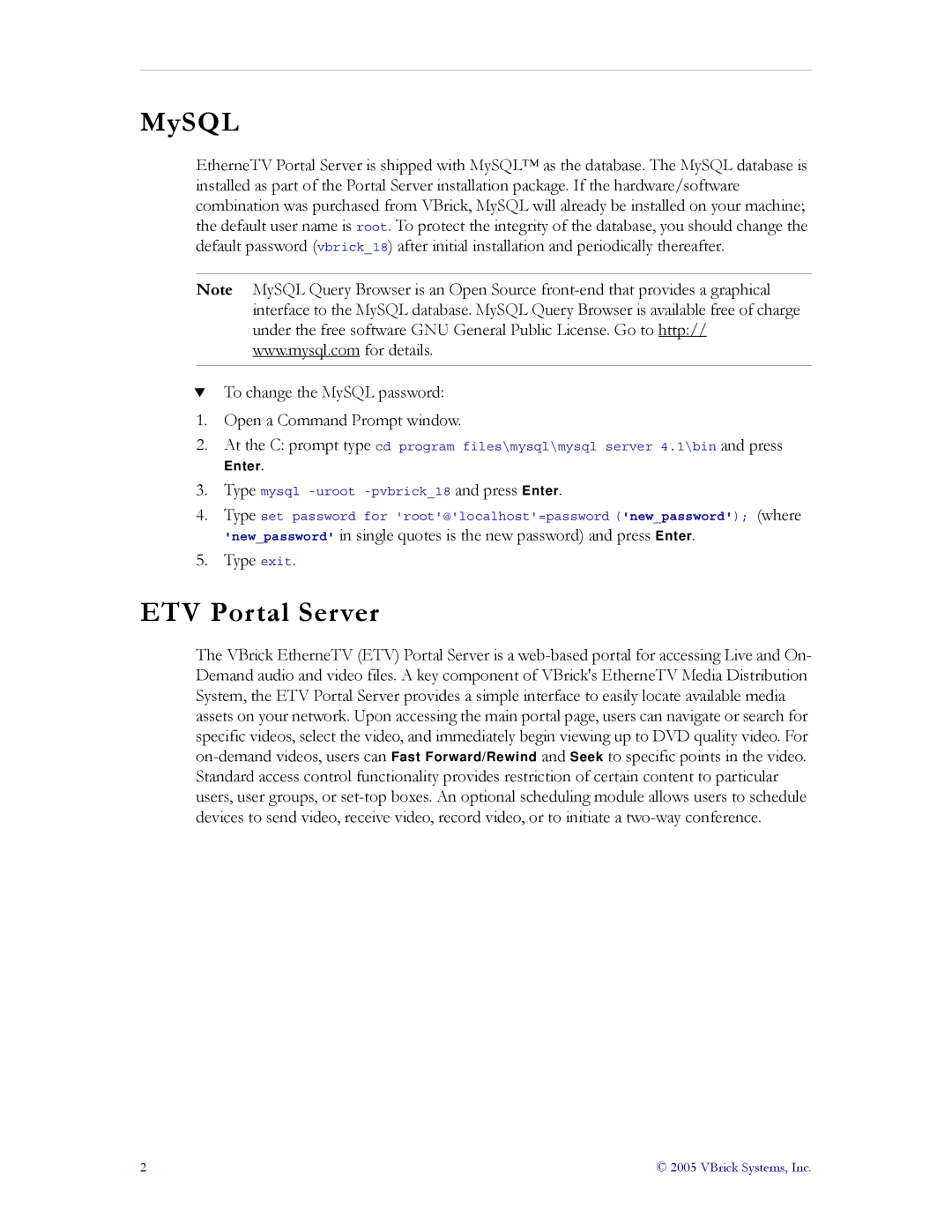 VBrick Systems ETV v3.1 manual MySQL, ETV Portal Server 