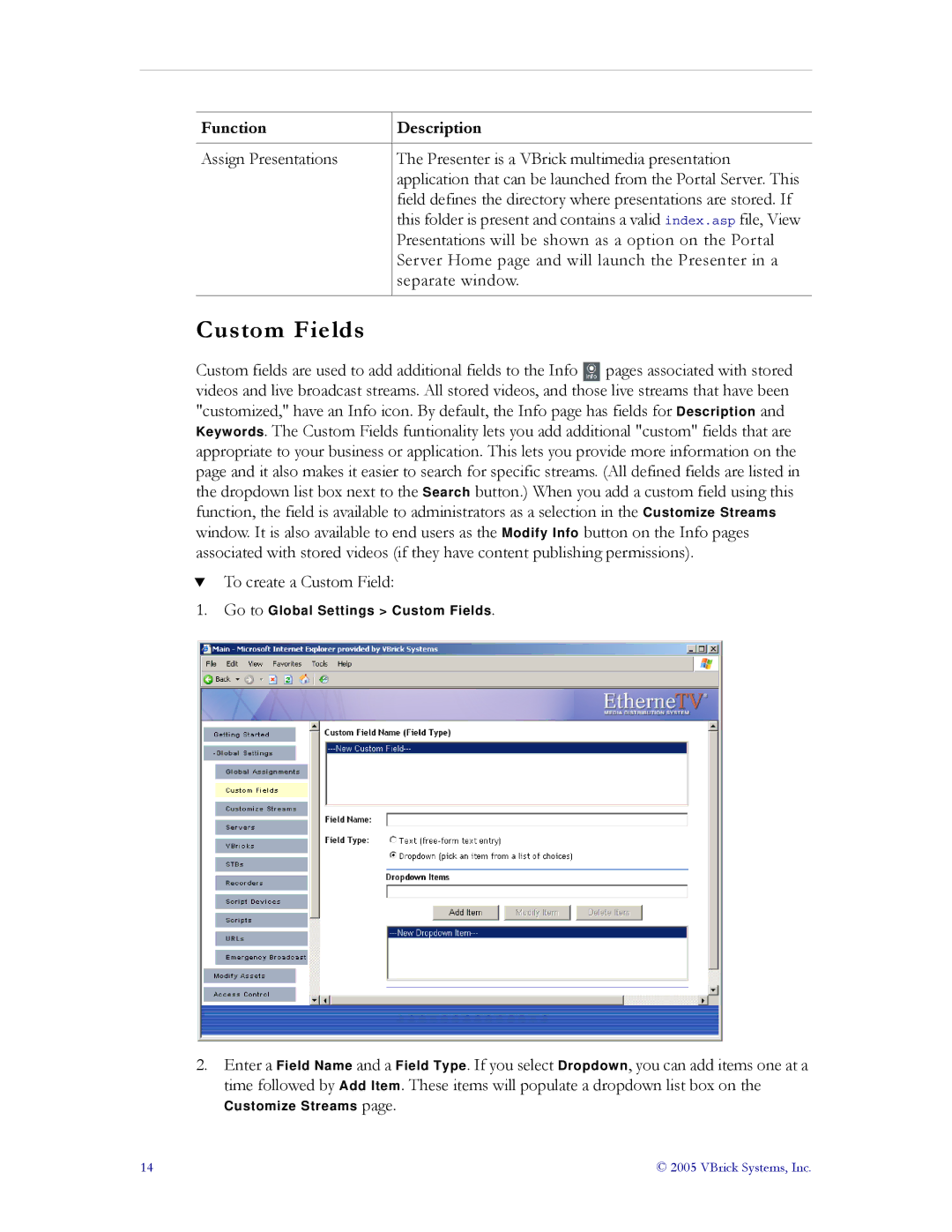 VBrick Systems ETV v3.1 manual Custom Fields 