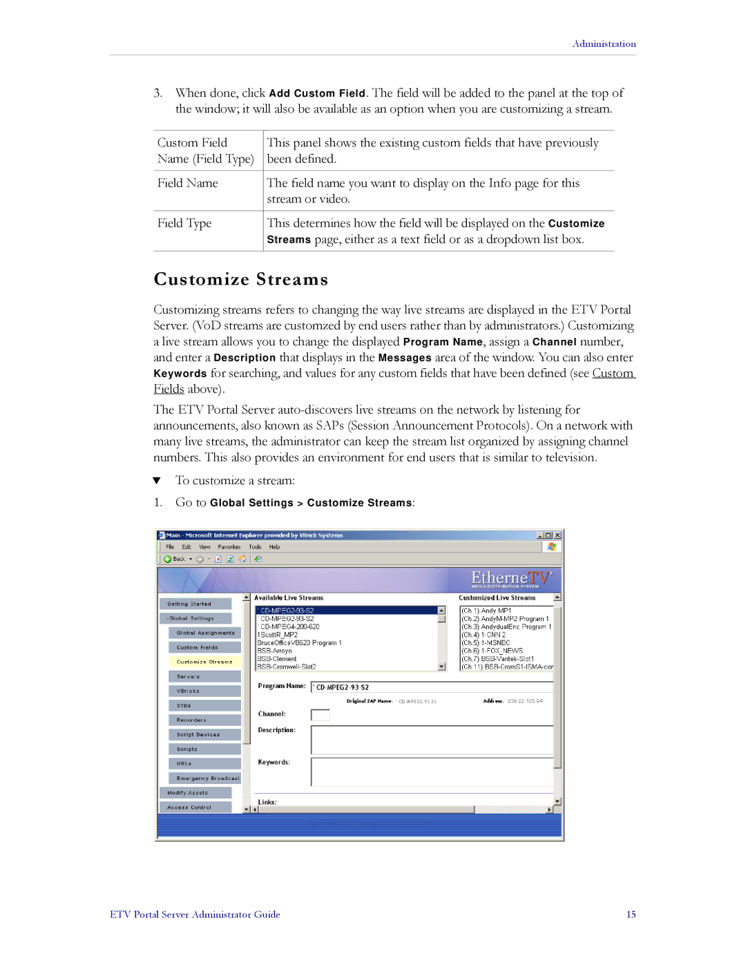 VBrick Systems ETV v3.1 manual Customize Streams 