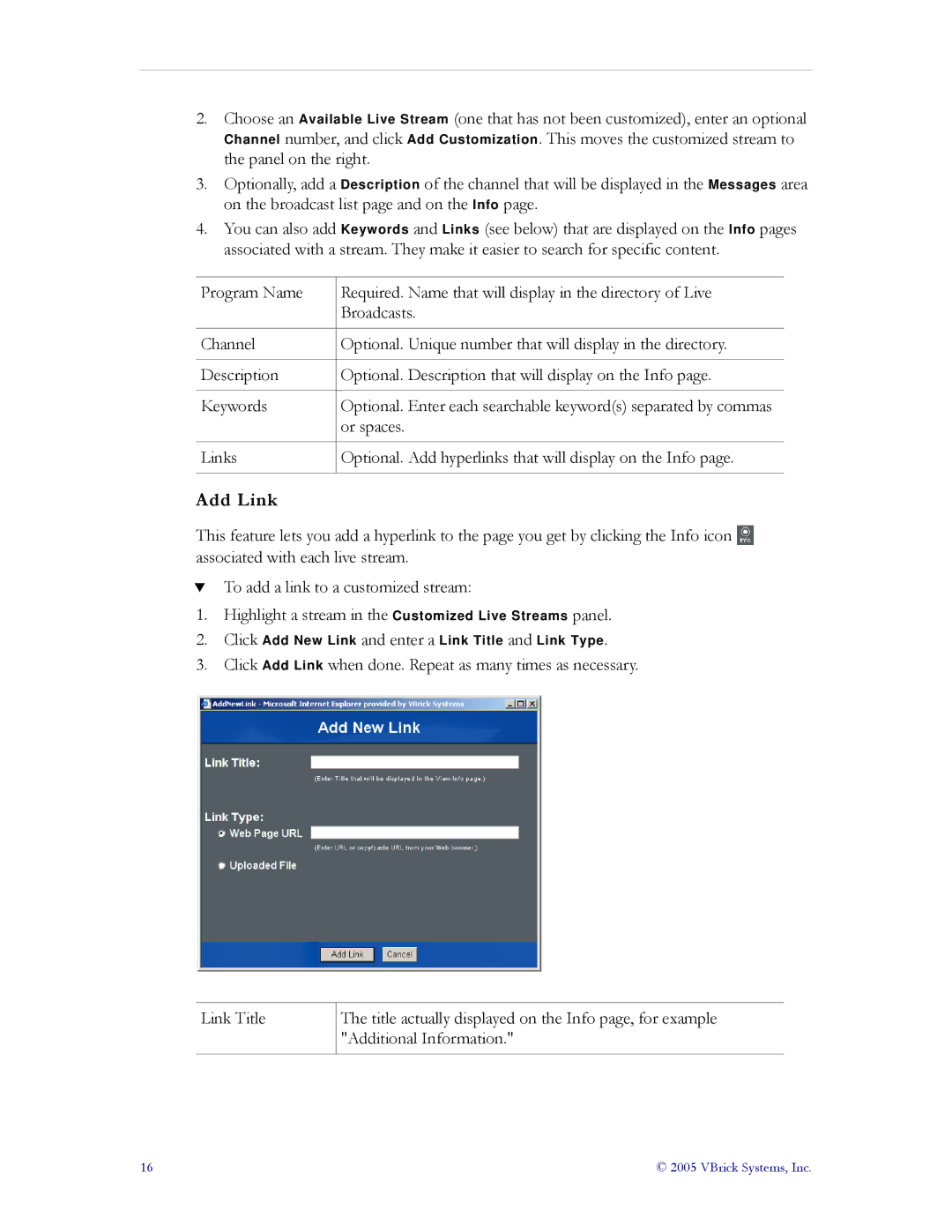 VBrick Systems ETV v3.1 manual Add Link 