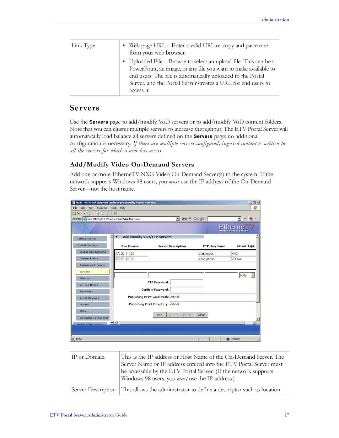 VBrick Systems ETV v3.1 manual Add/Modify Video On-Demand Servers 