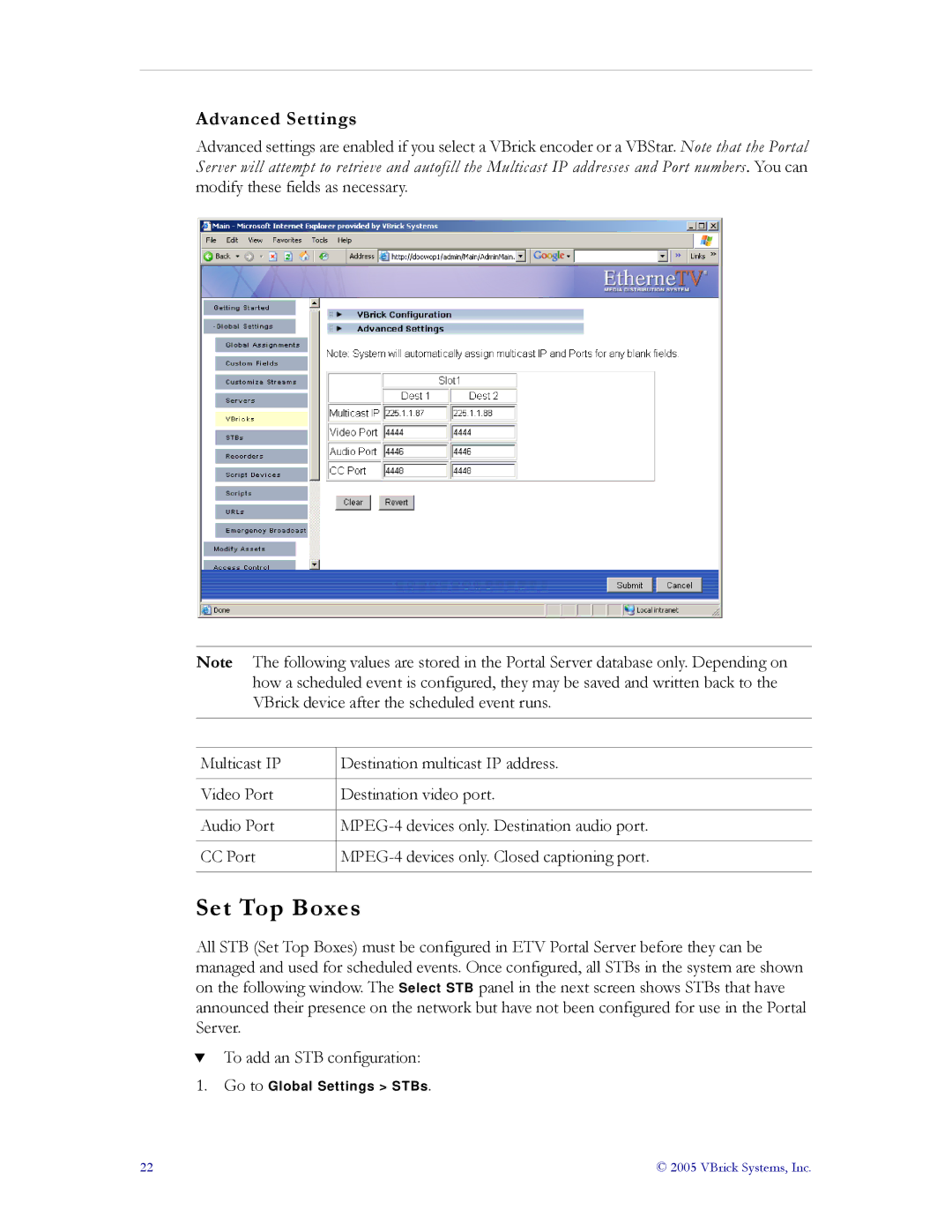 VBrick Systems ETV v3.1 manual Set Top Boxes, Advanced Settings 