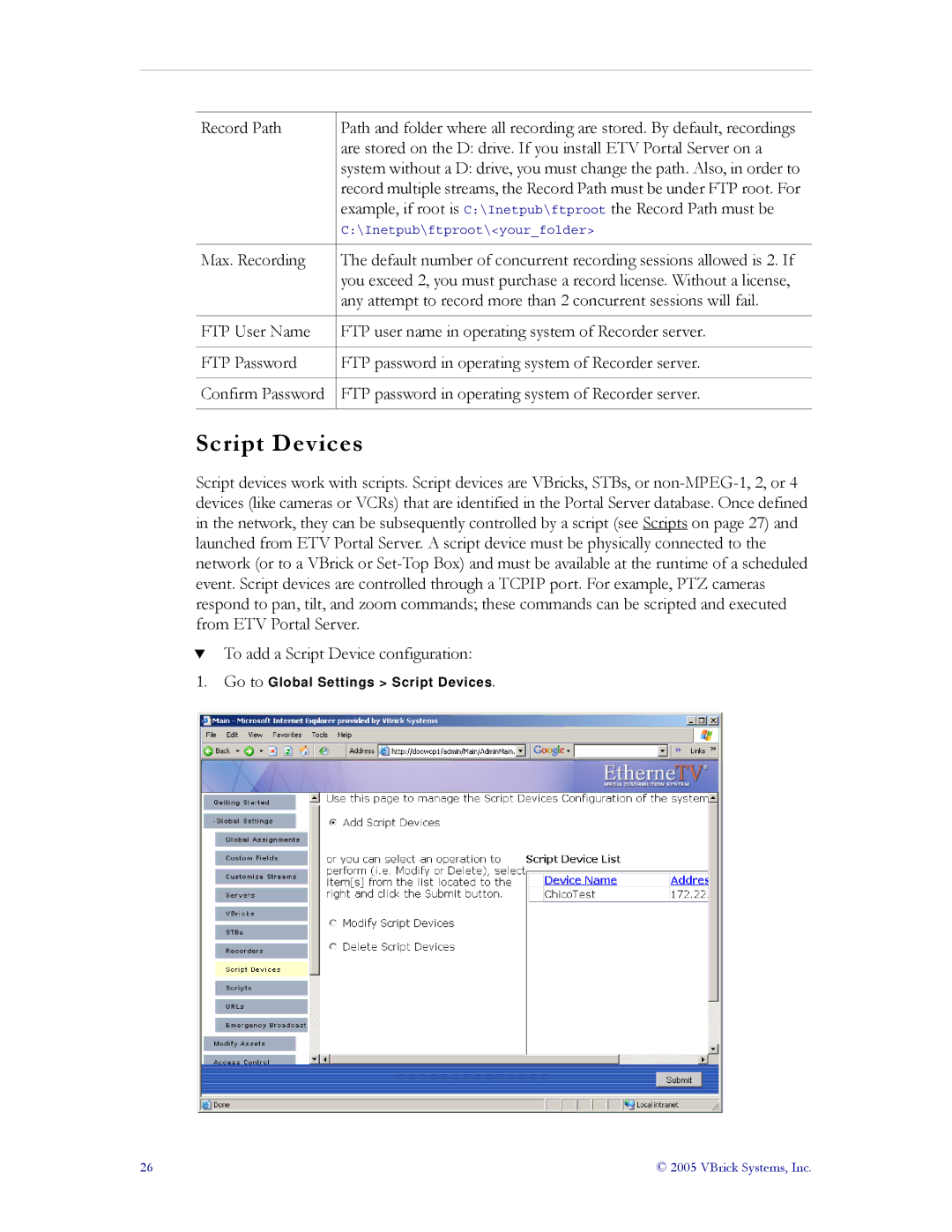 VBrick Systems ETV v3.1 manual Script Devices 