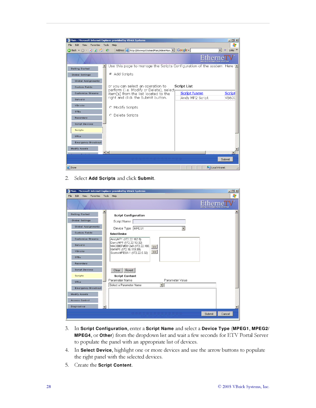 VBrick Systems ETV v3.1 manual Select Add Scripts and click Submit 