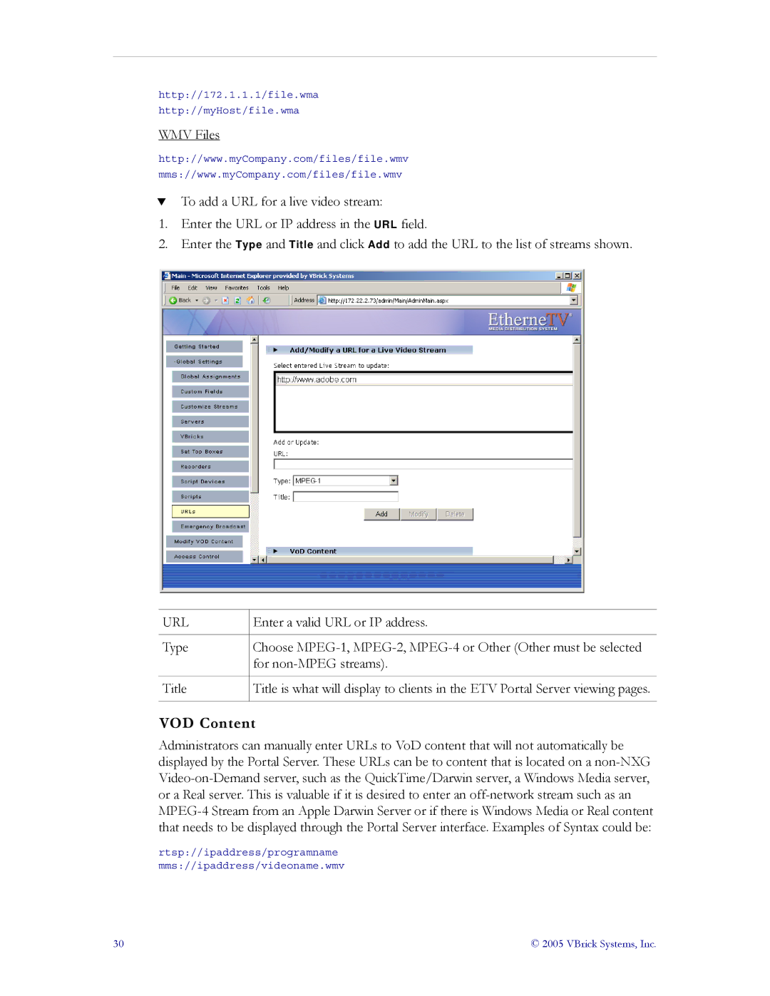 VBrick Systems ETV v3.1 manual VOD Content, Url 