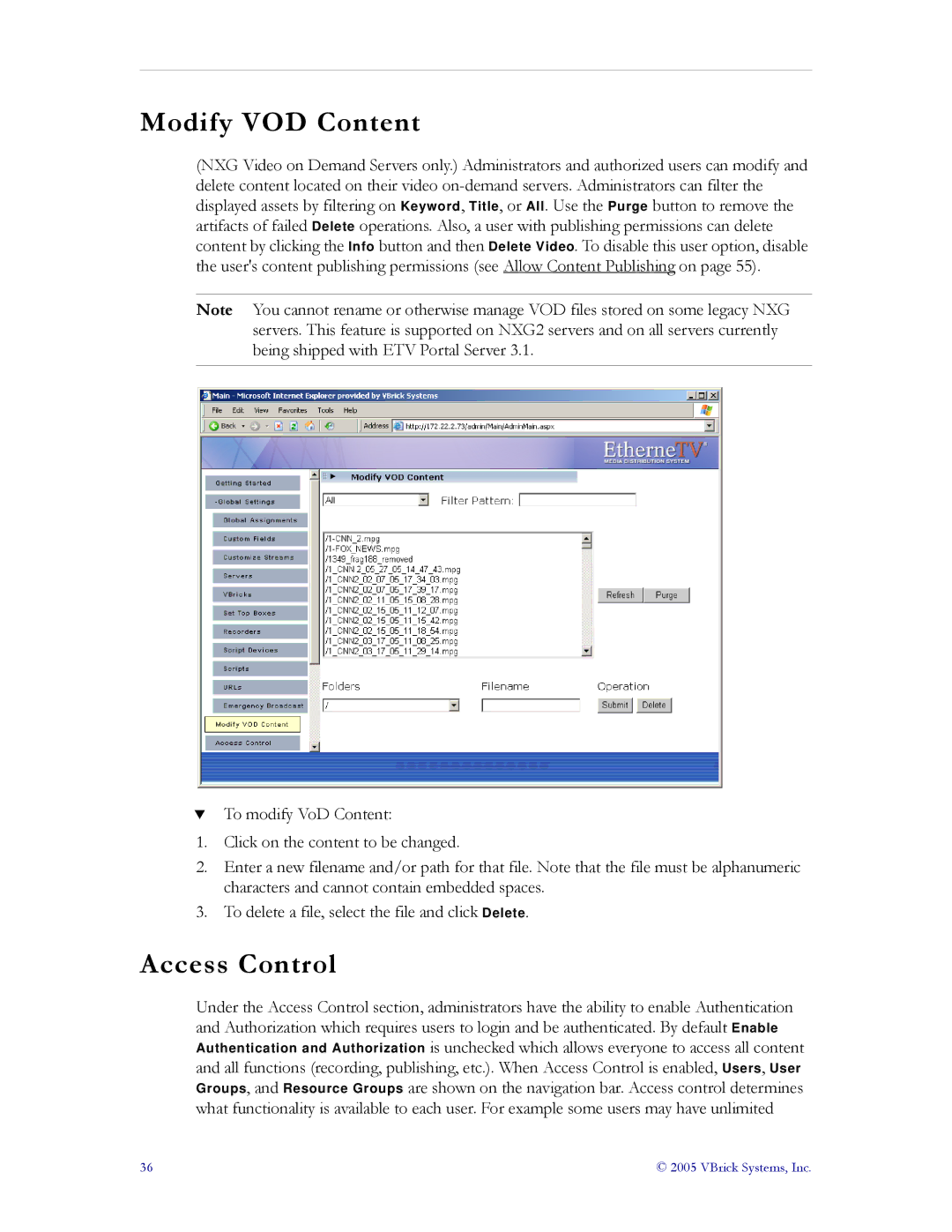 VBrick Systems ETV v3.1 manual Modify VOD Content, Access Control 