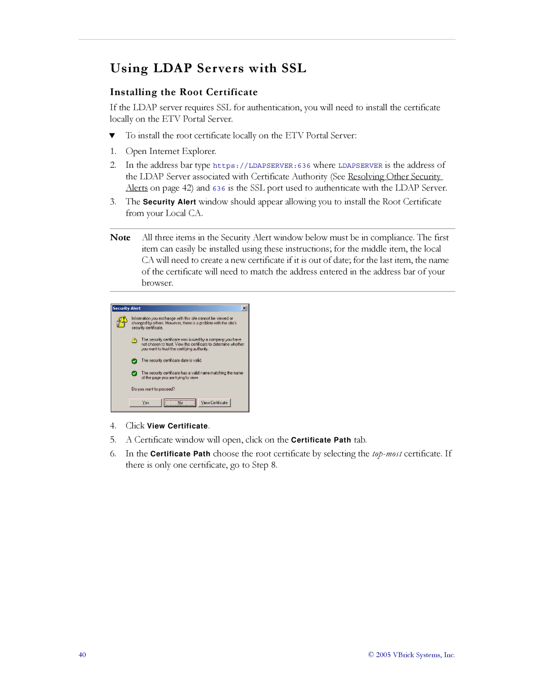 VBrick Systems ETV v3.1 manual Using Ldap Servers with SSL, Installing the Root Certificate 