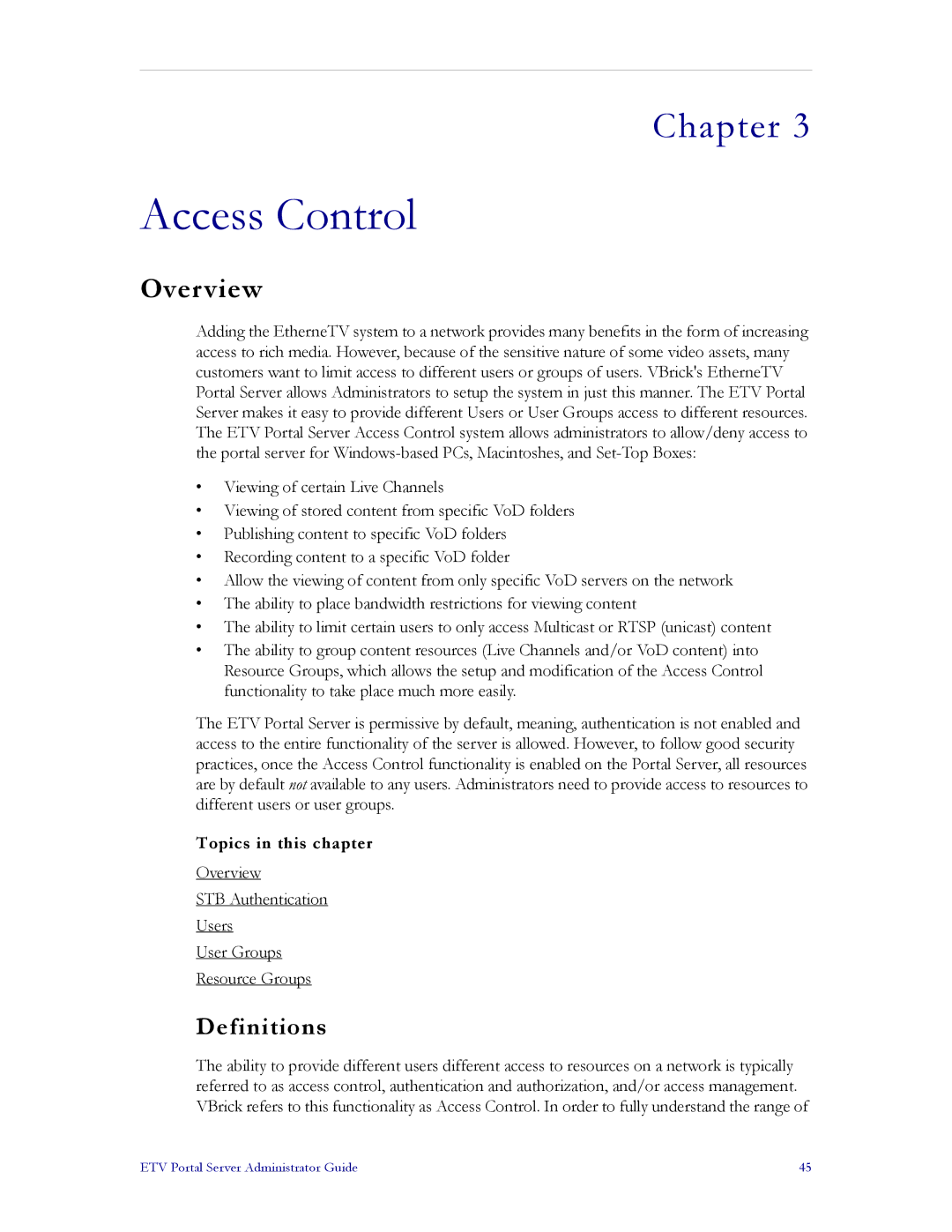 VBrick Systems ETV v3.1 manual Access Control, Definitions 