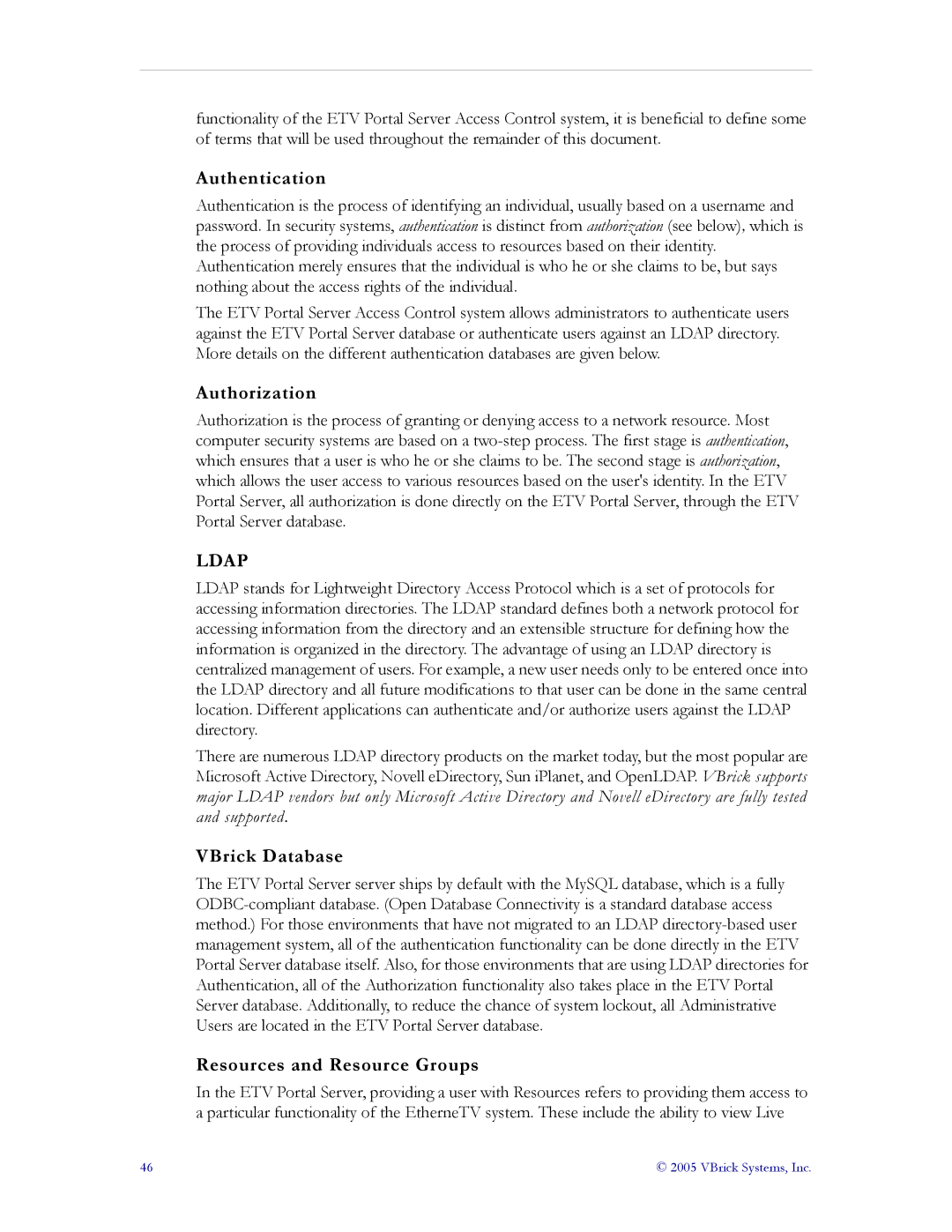 VBrick Systems ETV v3.1 manual Authentication, Authorization, VBrick Database, Resources and Resource Groups 