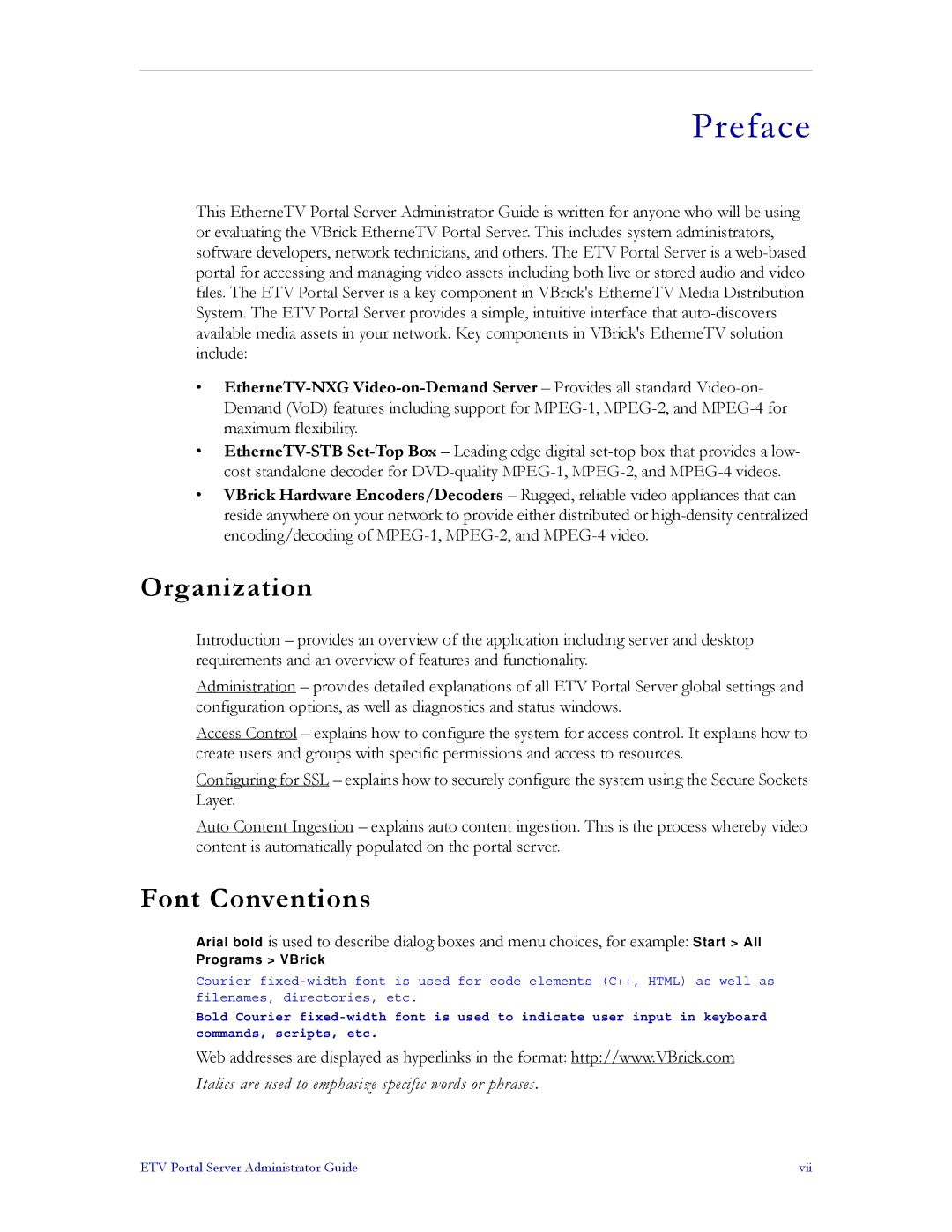 VBrick Systems ETV v3.1 manual Organization, Font Conventions 