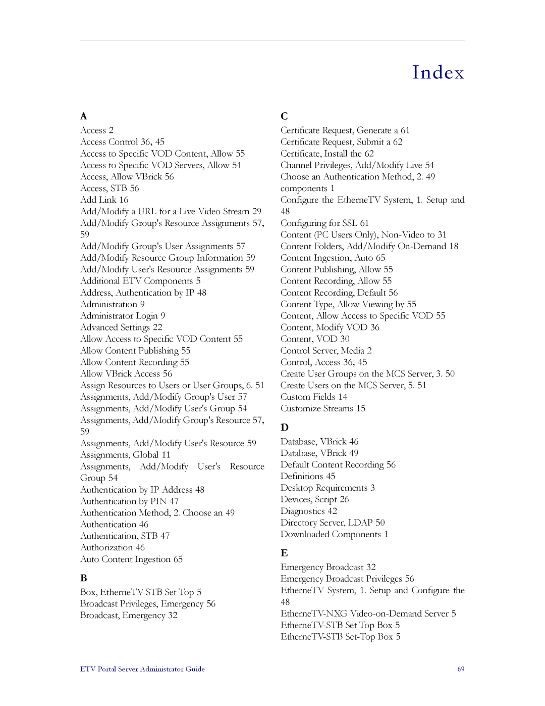 VBrick Systems ETV v3.1 manual Index 