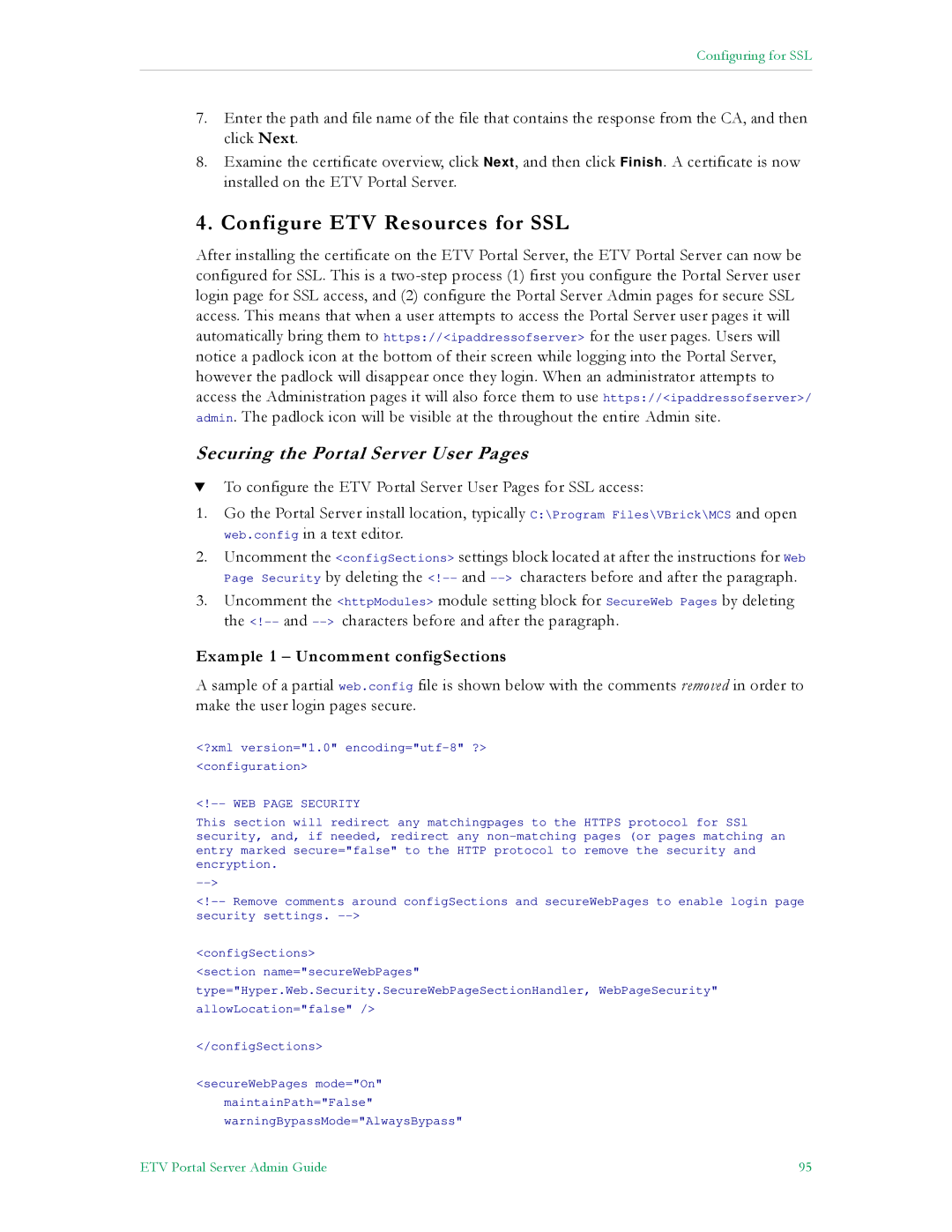 VBrick Systems ETV v4.1 manual Configure ETV Resources for SSL, Securing the Portal Server User Pages 