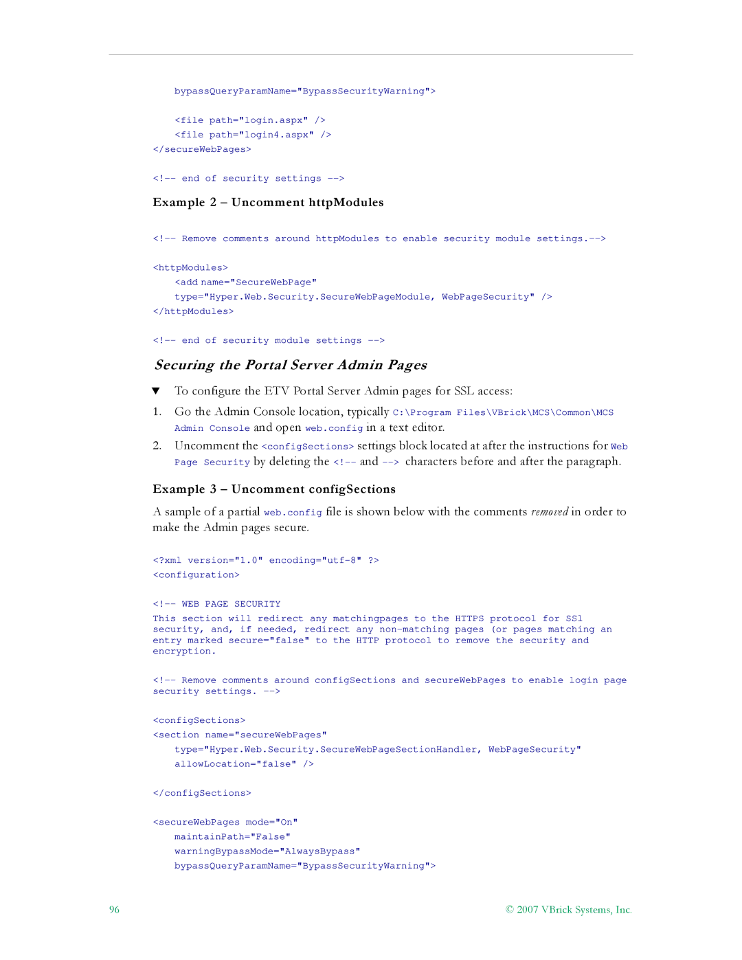 VBrick Systems ETV v4.1 manual Securing the Portal Server Admin Pages, Example 2 Uncomment httpModules 