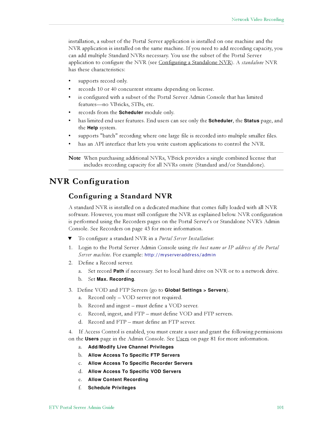 VBrick Systems ETV v4.1 manual NVR Configuration, Configuring a Standard NVR 