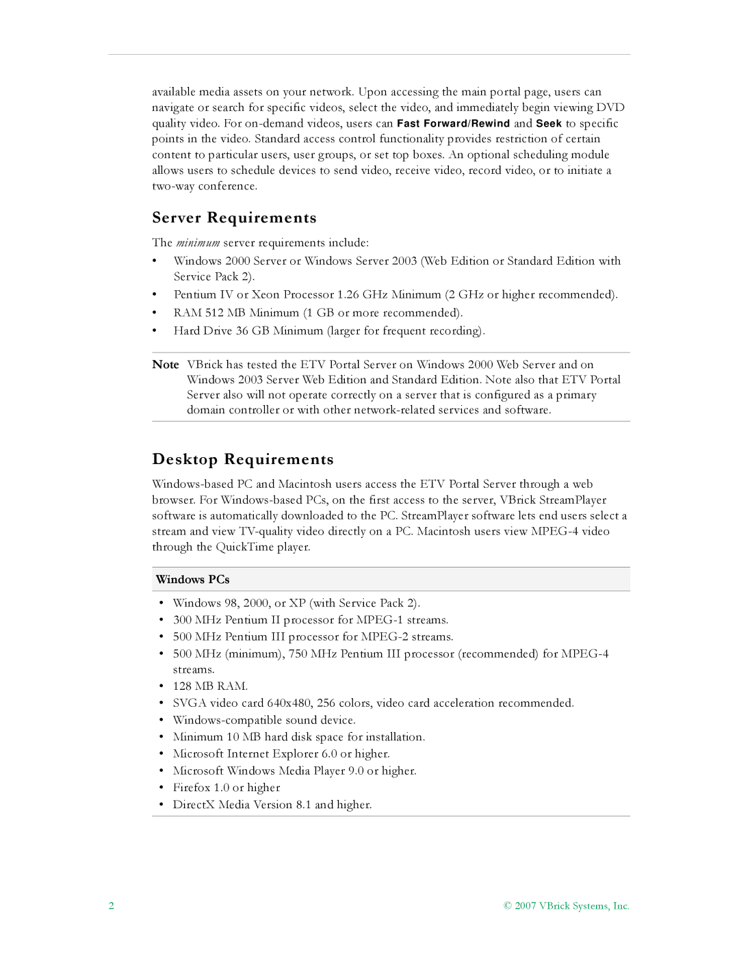 VBrick Systems ETV v4.1 manual Server Requirements, Desktop Requirements, Windows PCs 