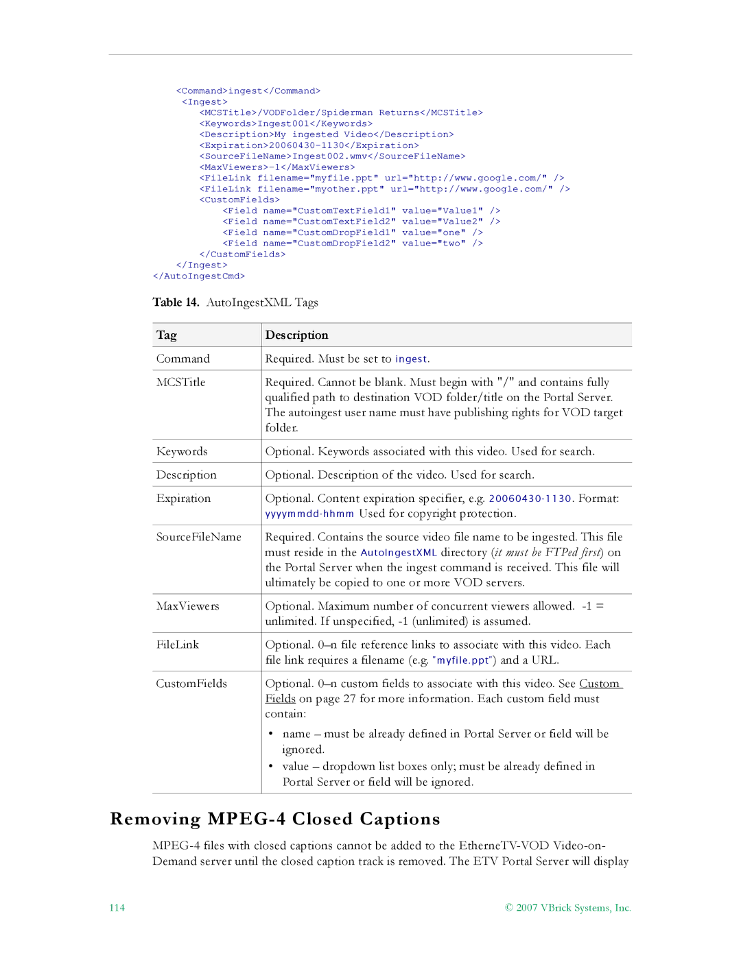 VBrick Systems ETV v4.1 manual Removing MPEG-4 Closed Captions, Tag Description 