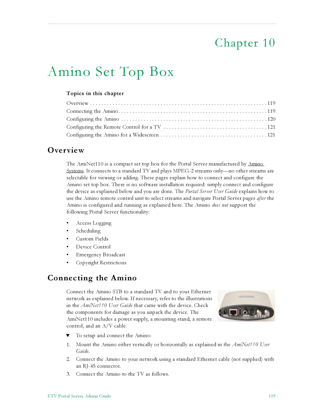 VBrick Systems ETV v4.1 manual Amino Set Top Box, Connecting the Amino 