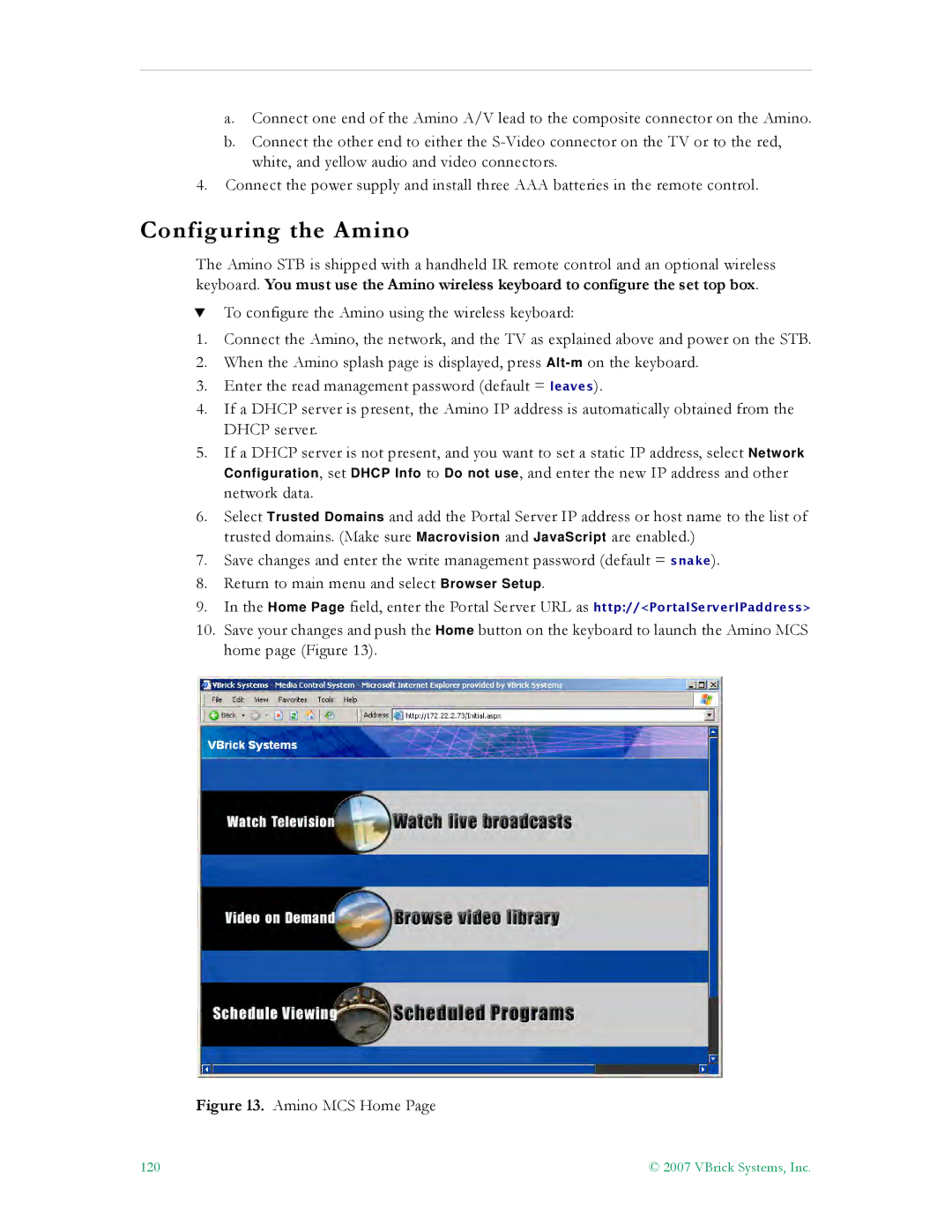 VBrick Systems ETV v4.1 manual Configuring the Amino, Amino MCS Home 