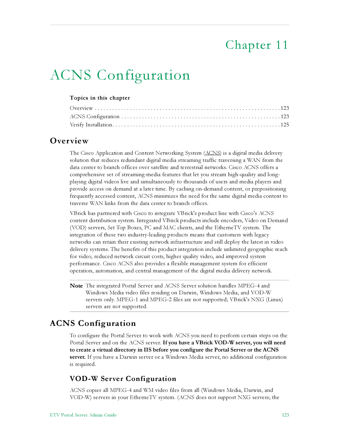 VBrick Systems ETV v4.1 manual Acns Configuration, VOD-W Server Configuration 