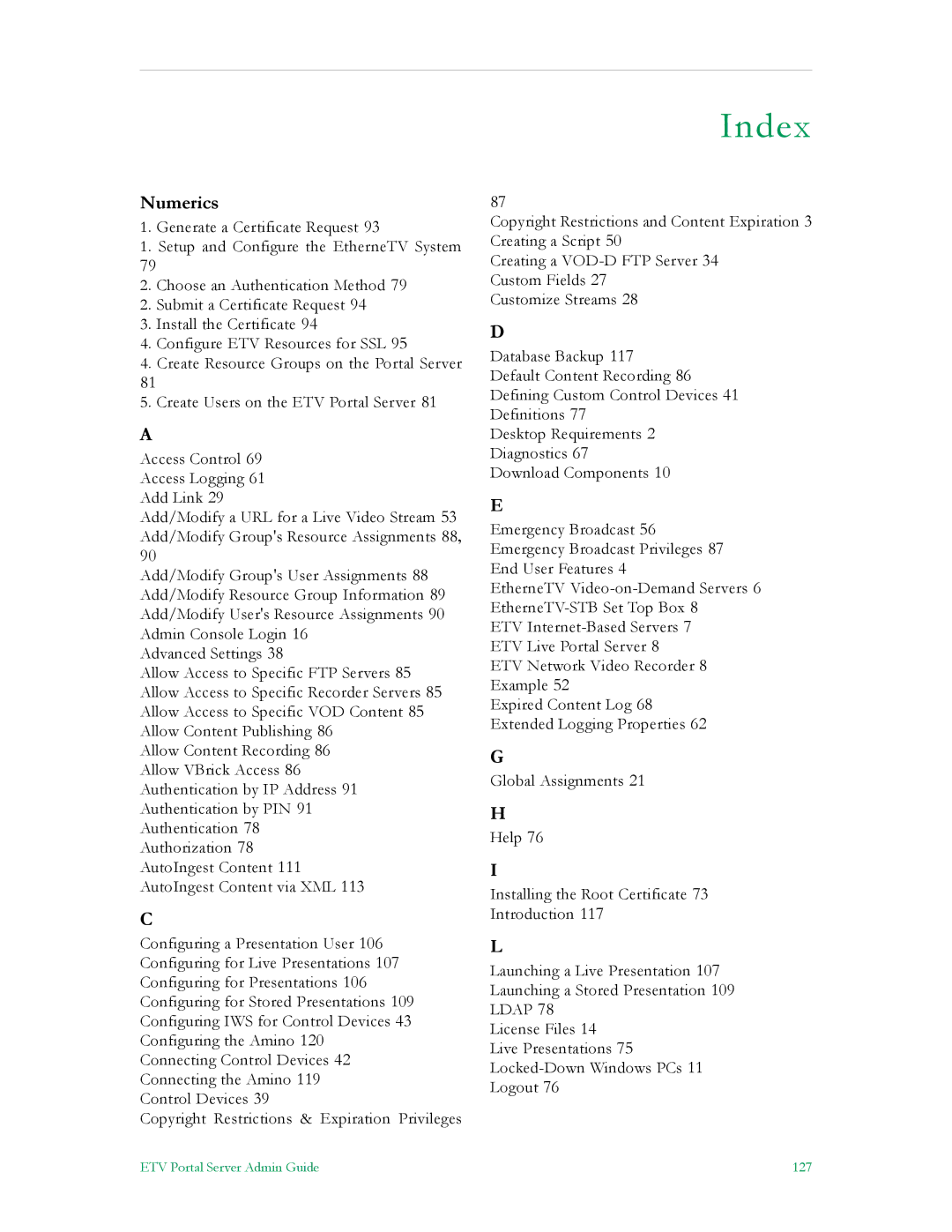 VBrick Systems ETV v4.1 manual Index 