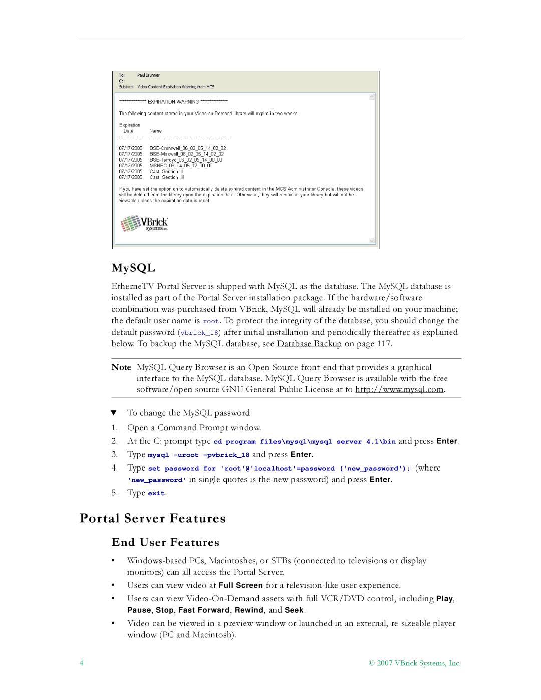 VBrick Systems ETV v4.1 manual Portal Server Features, MySQL, End User Features 