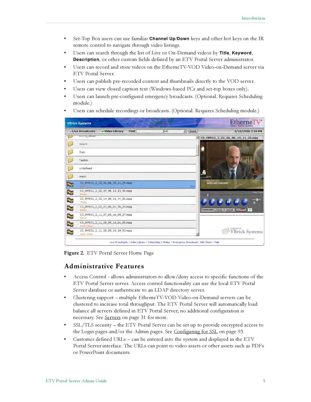 VBrick Systems ETV v4.1 manual Administrative Features, ETV Portal Server Home 