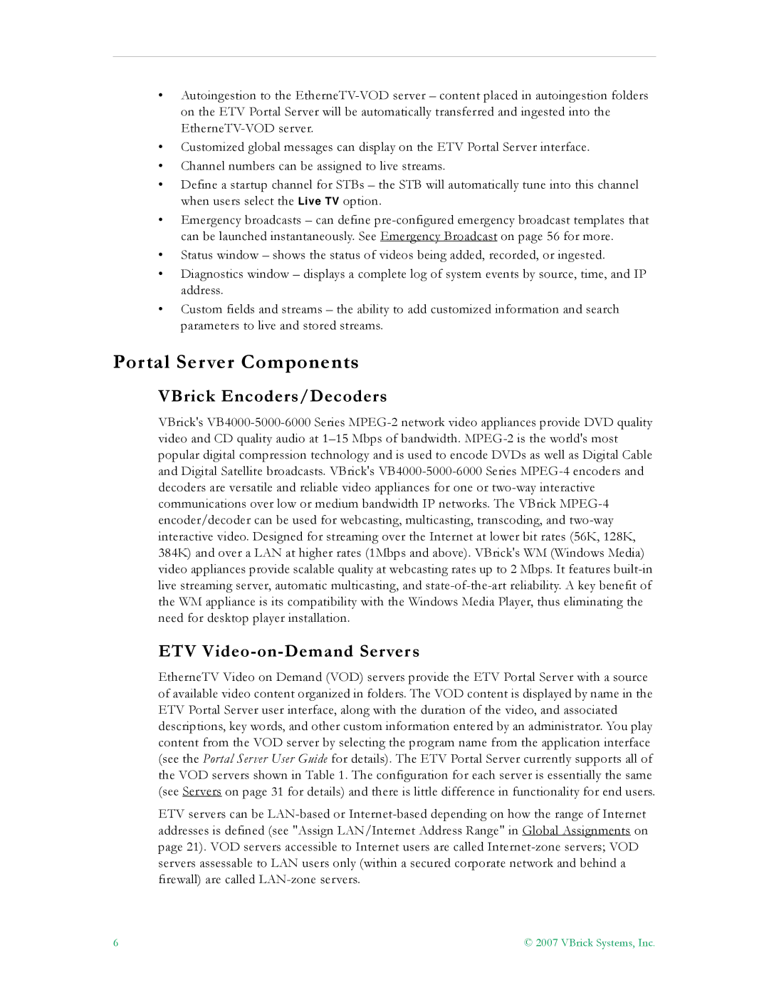 VBrick Systems ETV v4.1 manual Portal Server Components, VBrick Encoders/Decoders, ETV Video-on-Demand Servers 