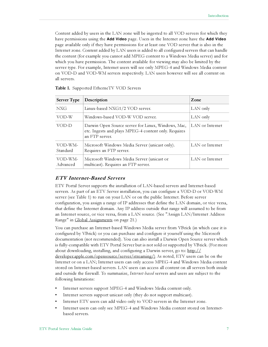 VBrick Systems ETV v4.1 manual ETV Internet-Based Servers, Server Type Description Zone 